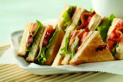 Sourdough bread, mayo and Dijon mustard, ham, turkey, thick-cut bacon, American cheddar, tomatoes, spring mix